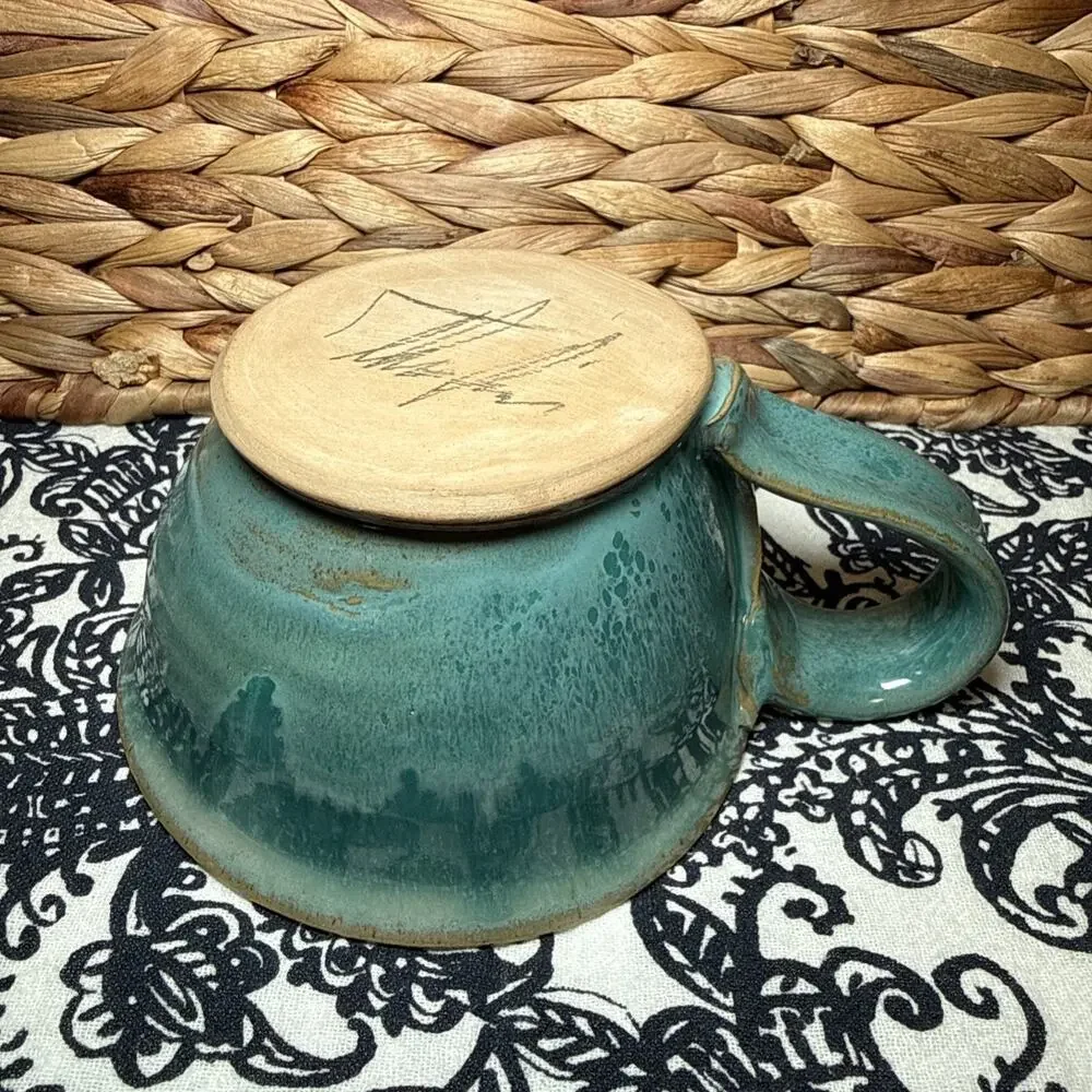 NEW Hand Made Coffee Mug Cup Artist Signed Blue Green Cream Stoneware Mug Cup